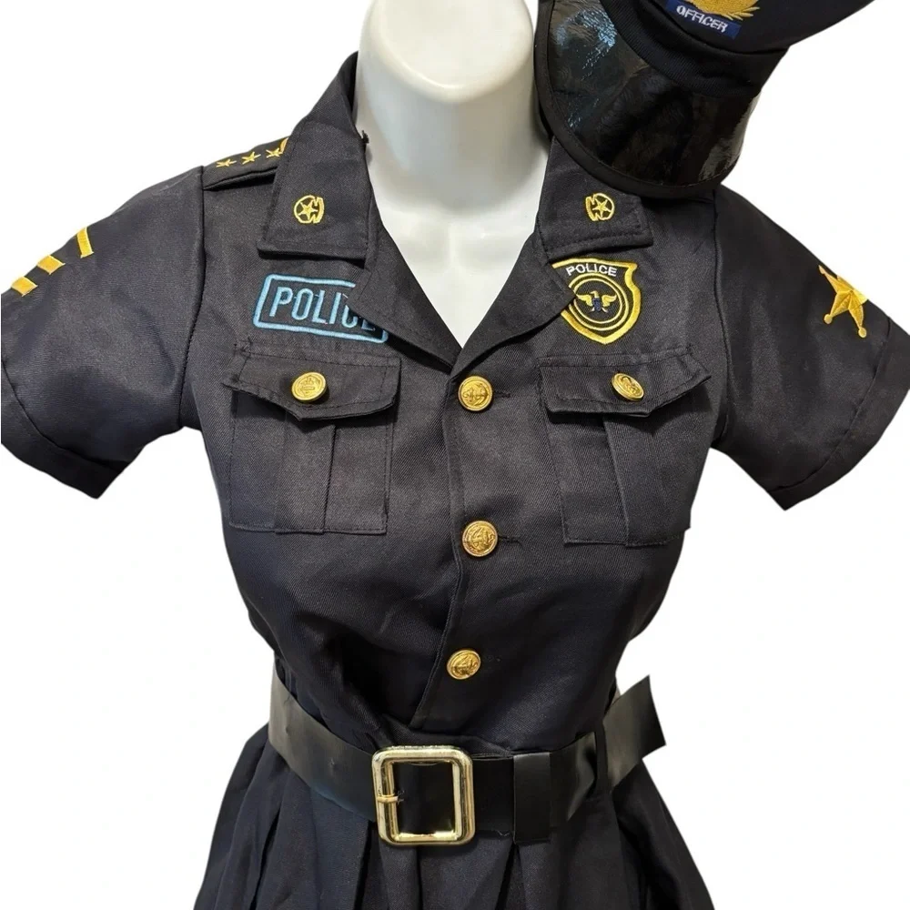 Halloween Police Officer Pleated Dress & Hat Sz Girls M 8/10 Black Belted Party